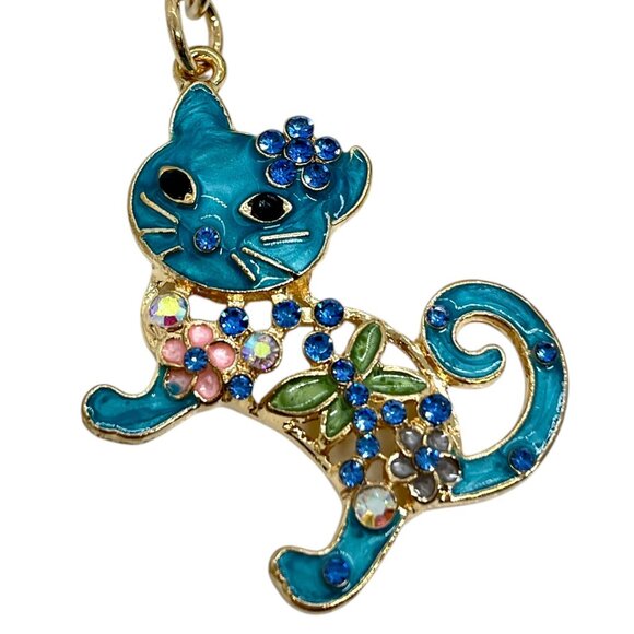 3/$30 CAT KEYCHAIN GOLD TONE BLUE ENAMEL RHINESTONE KITTY BAG CHARM NWT GIFT - Picture 5 of 10